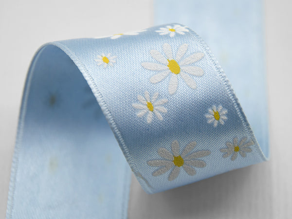 Double satin print serigraf.25 mm bicolor blue daisies bab