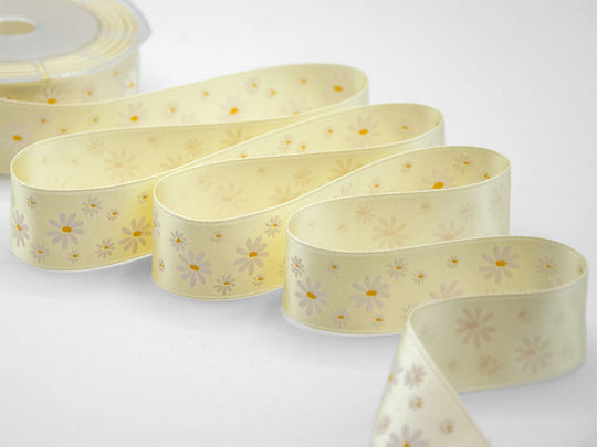 Double Satin Print Serigraf.25 mm Bicolor Vanilla Daisies