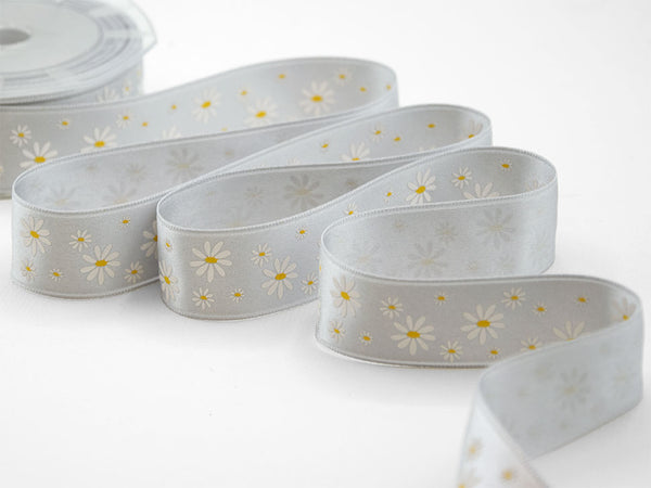 Double satin print serigraf.25 mm bicolor daisies gray pearl