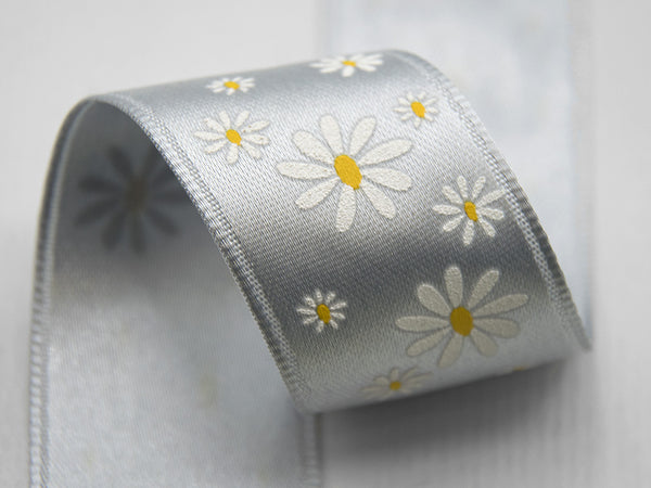 Double satin print serigraf.25 mm bicolor daisies gray pearl