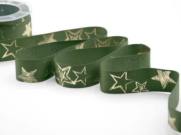 Gross grain 30 mm green english gold stars print