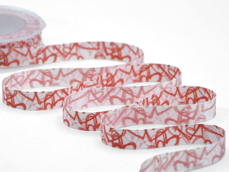 Camelia Satin 15 MM Collection Red Hearts On White