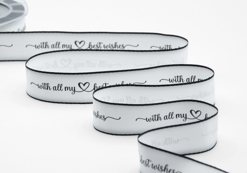doppio raso opaco bordi neri 25 mm stampa "with all my best wishes" bianco naturale