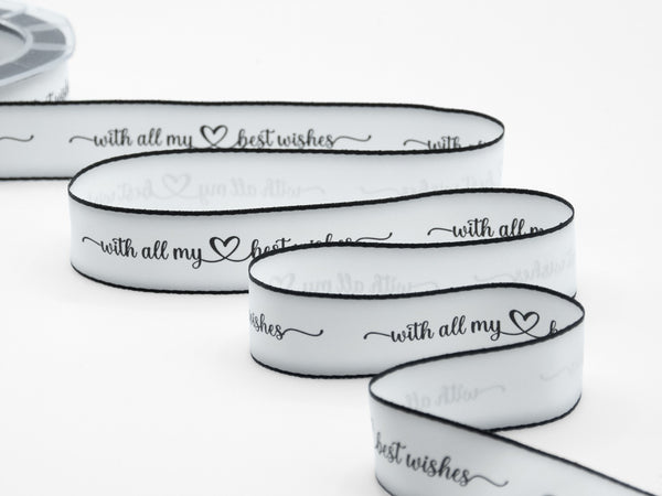 doppio raso opaco bordi neri 25 mm stampa "with all my best wishes" bianco naturale