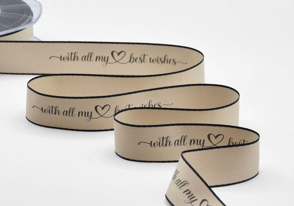 doppio raso opaco bordi neri 25 mm stampa "with all my best wishes" beige