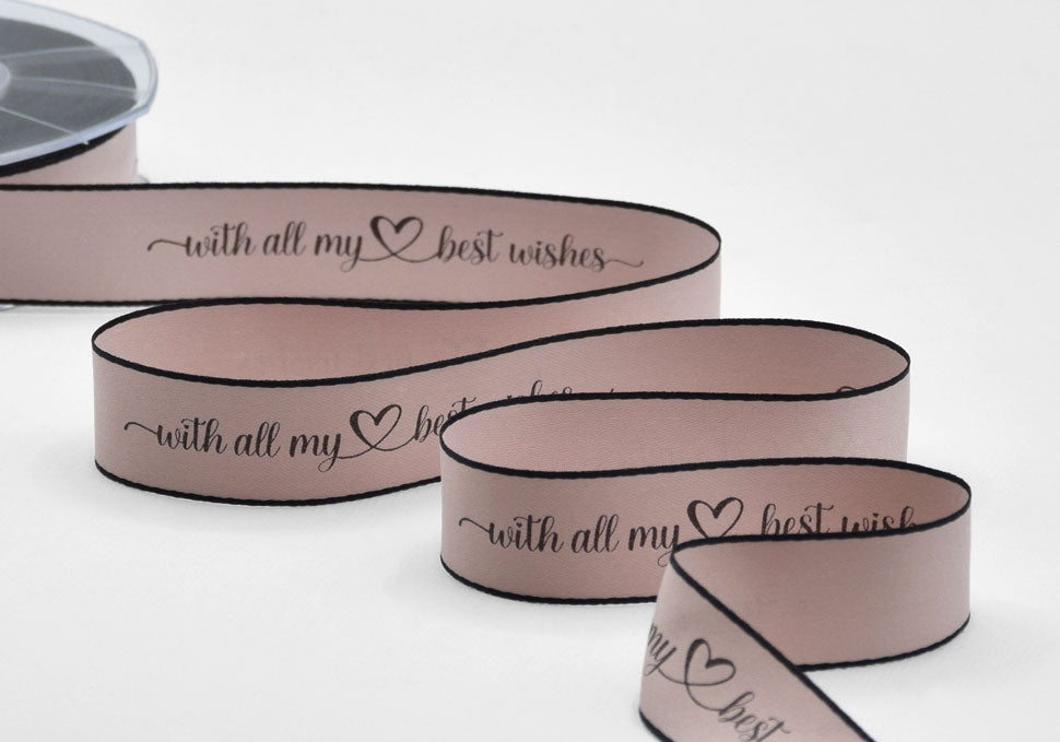 doppio raso opaco bordi neri 25 mm stampa "with all my best wishes" cipria scuro
