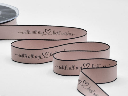 doppio raso opaco bordi neri 25 mm stampa "with all my best wishes" cipria scuro