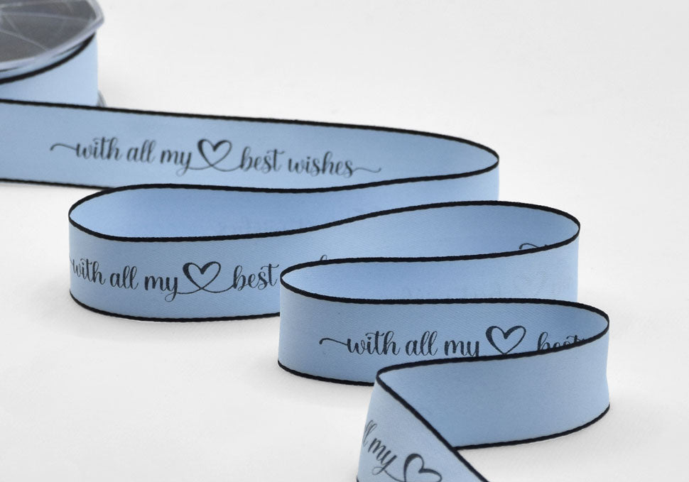doppio raso opaco bordi neri 25 mm stampa "with all my best wishes" azzurro baby