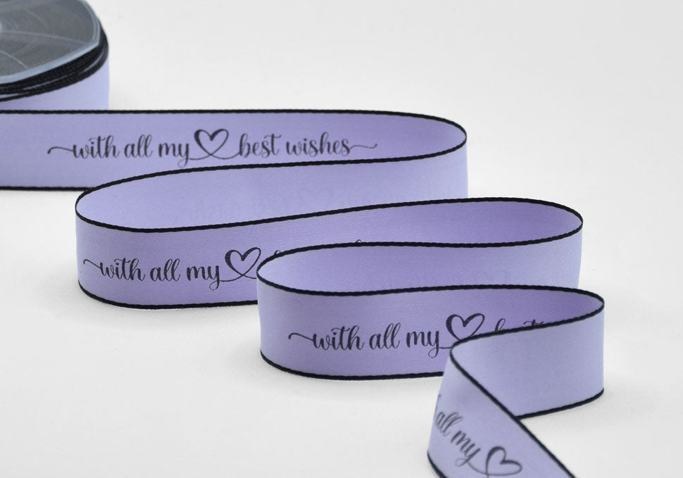 doppio raso opaco bordi neri 25 mm stampa "with all my best wishes" lilla