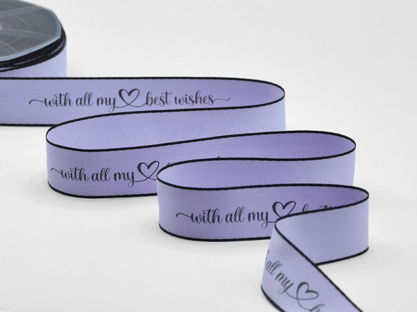 doppio raso opaco bordi neri 25 mm stampa "with all my best wishes" lilla